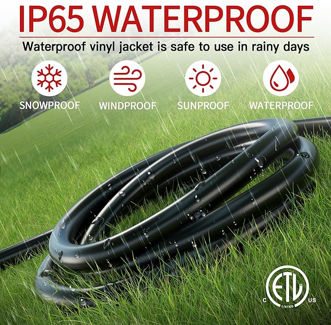 25 FT 12 Gauge Extension Cord Outdoor, Heavy Duty Weatherproof & Flame Retardant Black 3 Prong Power Cord with Light, Outside for Lawn & Garden, 15 Amps 1875 Watts 125 VAC 12AWG SJTW, ETL Listed