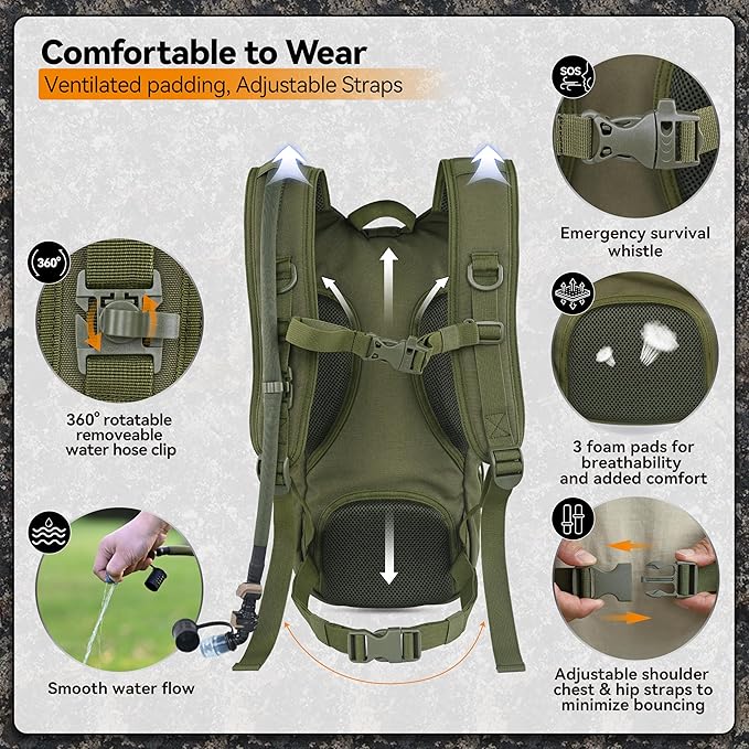 MARCHWAY Tactical Molle Hydration Pack with 2.5L TPU Water Bladder, Low-Profile Organized Military Backpack for Hiking, Cycling, Backpacking, Hunting, Running