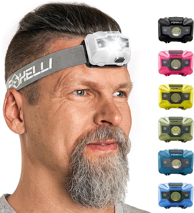 Foxelli USB‑C Rechargeable LED Headlamp – Ultra‑Light 2.4 oz & Bright 180 Lumens – Red/White Light, 5 Modes, IPX5 Waterproof, 40 h Runtime for Trail Running, Camping, Hiking