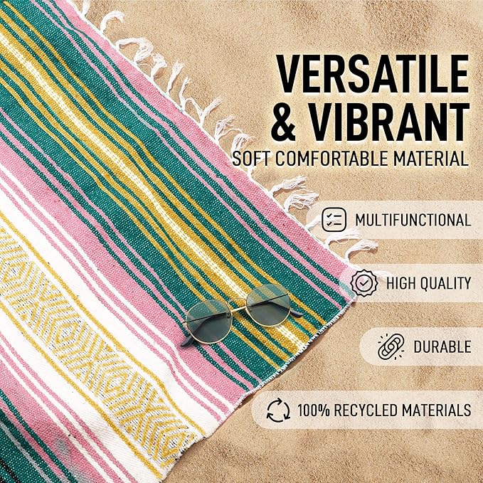 Hydration Nation Authentic Large Handwoven Mexican Striped Throw Blanket - Soft, Durable, Eco-Friendly - 70"x50" - Sunshine