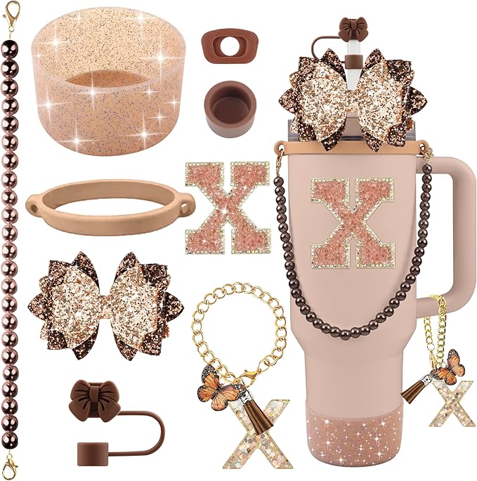 9PCS Brown for Stanley Cup Accessories Set Bling Initials Bow Charms for Stanley Decorations 30/40 Oz Tumbler Accessories Including Bow Straw Topper, Handle Strap, Spill Stopper（Letter X）