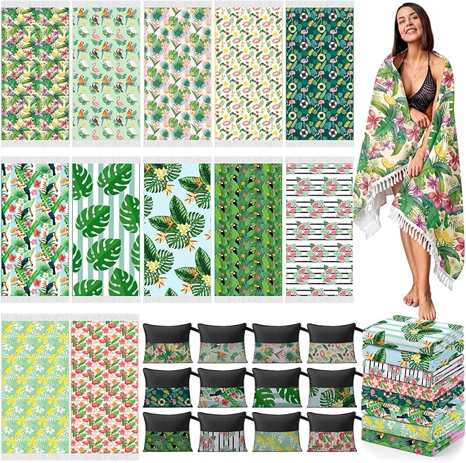 Peryiter 24 Pack Microfiber Oversize Turkish Beach Towel Set 12 Large Absorbent Beach Towels with 12 Storage Bag 28 x 55 Quick Dry Lightweight Bath Towel Blanket for Hawaii Camp Swim Pool(Palm Leaves)