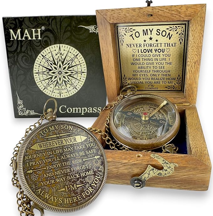 Brass Compass Gift to My Son Never Forget I Love You, Sentimental Keepsake from Mom Dad Grandparents, Inspirational Guidance Compass Gift for Son Graduation Birthday Baptism Confirmation Gift Idea