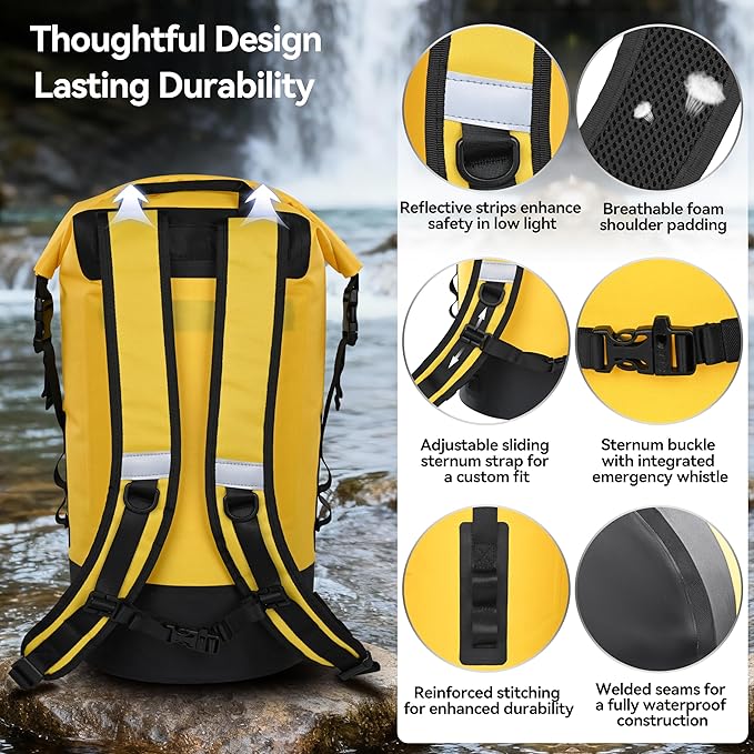 MARCHWAY Floating Roll Top Dry Bag, Flexible Lightweight TPU Waterproof Backpack 20L/30L/40L with Padded Straps for Boating, Kayaking, Swimming, Hiking, Beach (Yellow, 40L)