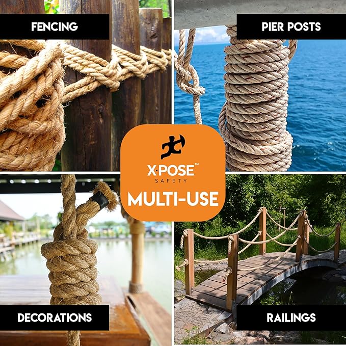 Manila Rope - 3/8 Inch 600' - 3 Strand Cordage Twisted Braided Rope - Thick Natural Fiber for Marine, Decorative for Crafts, Porch Column, Outdoor Pole Wrap, Tree Swing 6 Pack