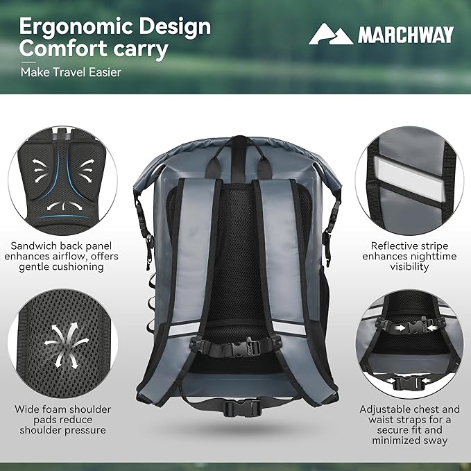 MARCHWAY Roll Top Waterproof Backpack, Floating Dry Bag 20L/30L/45L with Ergonomic Rectangular Base, Cushioned Back, Hip Strap for Hiking Camping Kayaking Travel (Grey, 45L)