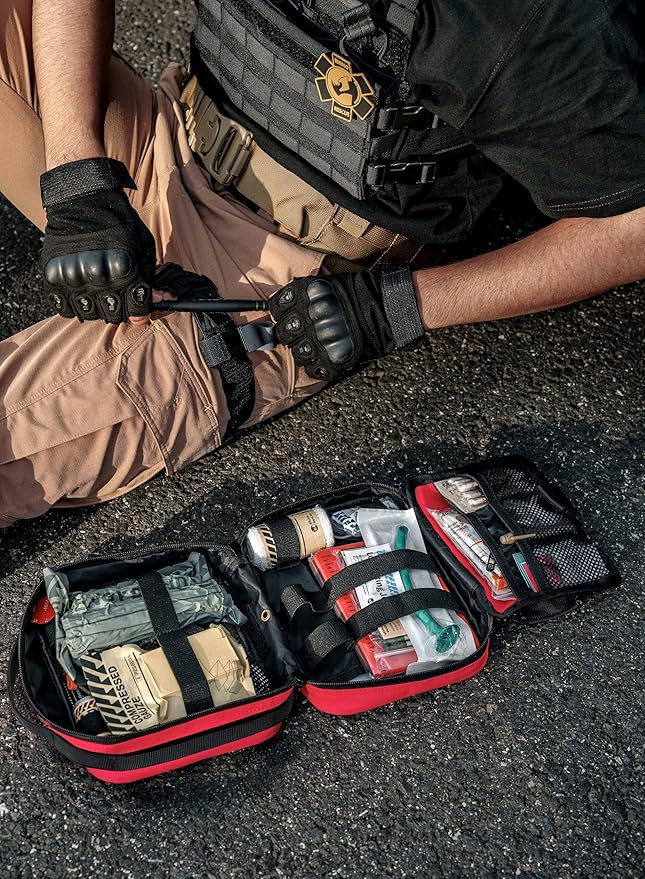RHINO RESCUE Vehicle IFAK Trauma Kit with C-A-T Tourniquet, Tactical First Aid Kit Molle Pouch Red