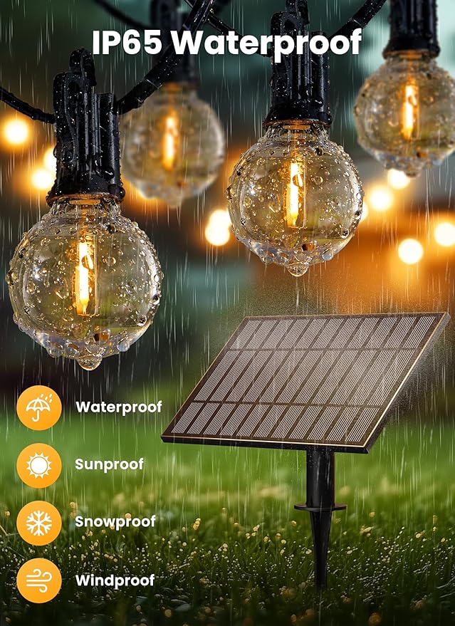 Brightown 108FT 52LED Solar String Lights Outdoor with Remote & USB Port, Shatterproof Bulbs, Dimmable & Timable, 3 Modes, Patio Lights Solar Powered with Mount Clips for Camping Backyard Garden Decor
