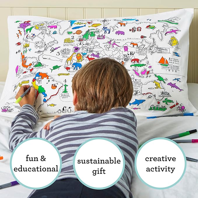 eatsleepdoodle - Coloring Pillowcase for Kids – Reusable DIY Pillow Cover with Washable Markers, Educational Arts & Crafts Activity for Boys & Girls, Fun Gift for Creative Play, Machine Washable