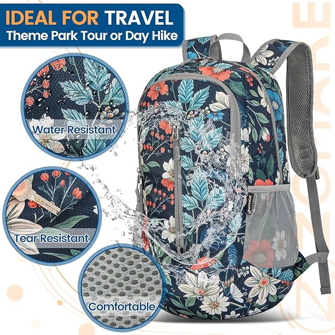 ZOMAKE Ultra Lightweight Packable Backpack 25L - Foldable Hiking Backpacks Water Resistant Small Folding Daypack for Travel(Navy blue,Floral pattern)