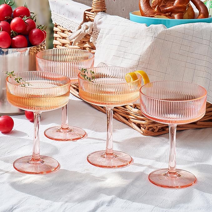 Khen Shatterproof Acrylic Ribbed Vintage Art Deco Coupe Glasses | Set of 4 | 8oz Ripple Glassware for Indoor & Outdoor Use | Pink (Peach-Tinted) Glasses