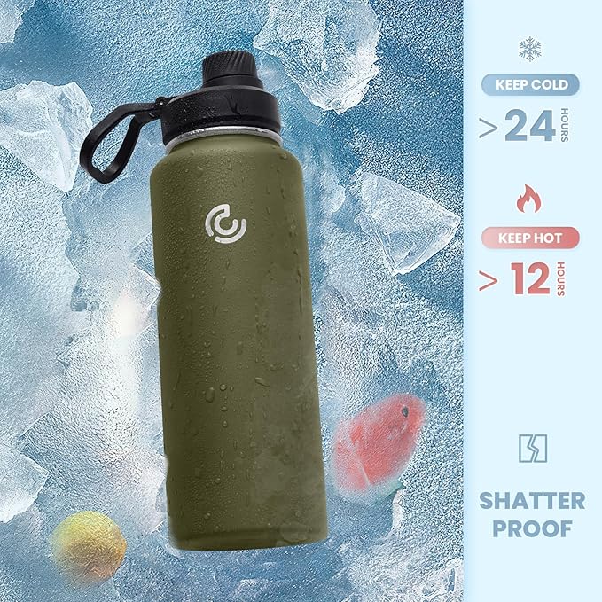 Sports Water Bottle 40oz, Insulated Water Bottle with Handle,Stainless Steel,Simple Modern,Suitable for Travel, School, Boy, Girl(Army Green)