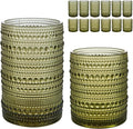HomeVogue Vintage Hobnail Drinking Glasses Set of 12, 15 oz Highball Glasses & 12 oz Cocktail Glasses Set, Green Kitchen Water Glasses Cup, Bar Tumbler Glassware Set for Beer, Juice, Whiskey, Milk