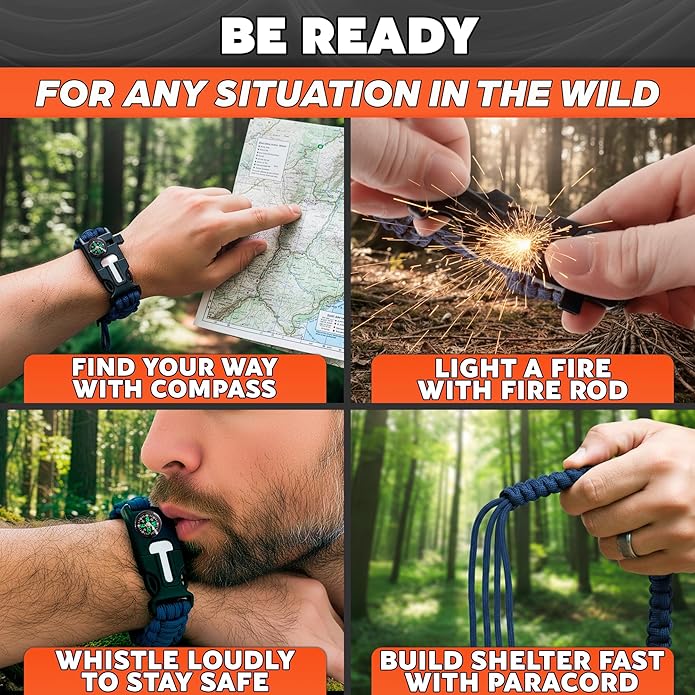 Paracord Bracelets for Men and Women – Adjustable Survival Paracord Bracelet with 10 ft Nylon Survival Cord, Flint Fire Starter, Compass, Whistle & Scraper – Gear for Camping, Hiking, Fishing & Travel
