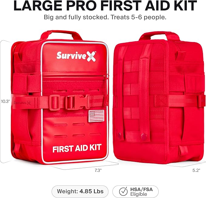 SurviveX Large Pro First Aid Kit for Car, Travel & Home - Emergency Kit for Hiking, Camping, Backpacking and Outdoors - Includes Zip Stitch Wound Closure Strips