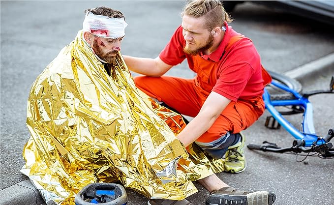 GALAXYLENSE Emergency Mylar Thermal Blanket for Survival First Aid Kits Army Outdoors Hiking Camping Bug Out Trauma Desert All Weather Condition Protection (100 Packs Gold)
