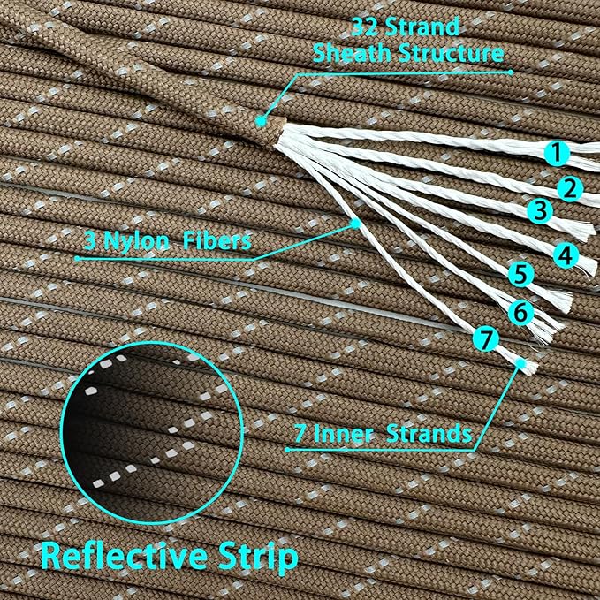 VVAAGG Reflective Paracord Rope 100FT, 7 Strand Nylon para Cord Lanyard Utility 550 Parachute Cord, 4mm Thin Tent Rope for Outdoor Camping Hiking