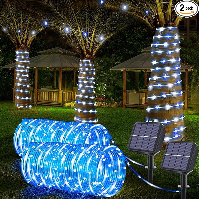 Solar Rope Lights, 2 Packs Total 132ft 400LED Solar String Lights, 8 Modes Waterproof Solar Powered Outdoor Light, Flexible Clear Tube Light for Garden Yard Patio Deck Porch Tree Xmas Decor-White&Blue