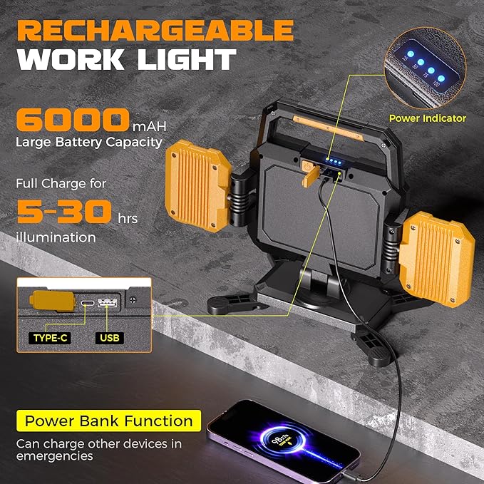 YZONI 40W Rechargeable Work Light, 4000LM Magnetic LED Work Light with 6 Modes, Battery Powered Portable Mechanic Lights with 360°Rotate Foldable Design for Auto Car, Garage, Workshop