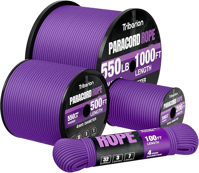 Paracord Rope 550 lb - 200ft 5/32" Parachute Cord 4MM 7-Strand para Cord - Heavy Duty Spool String for Survival,Camping Gear, Survival Bracelet, Clothesline - Purple