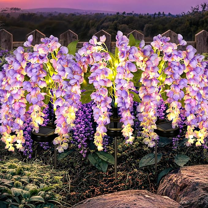 GIGALUMI Solar Lights Outdoor for Garden Decor, 3 Pack Solar Flower Lights Waterproof, 2 Lighting Modes Wisteria for Pathway,Yard, Patio Decoration, Gardening Gifts for Women (Purple)