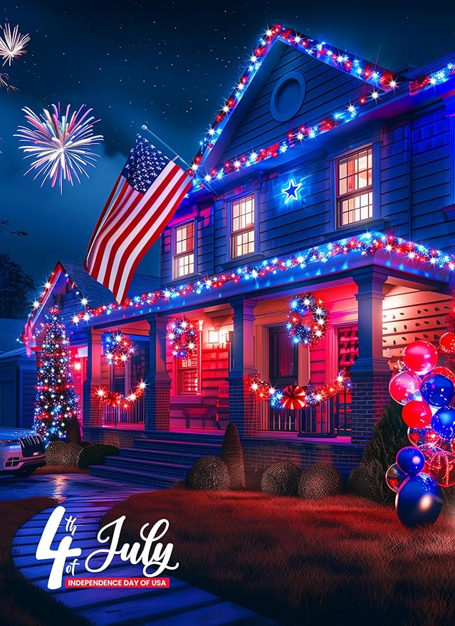 Minetom Red White Blue Lights, 2Pack Total 200 LED 80FT 4th of July Patriotic Lights 8 Modes, Waterproof Solar String Lights Outdoor,Solar String Lights for Outside Independence Day Memorial Day Decor