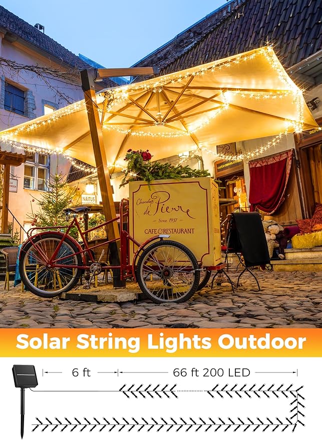 Minetom Solar String Lights Outdoor Waterproof, Extra Long 72FT 200 LED Solar Powered String Lights with 8 Lighting Modes, Solar Light for Outdoor Outside Tree Balcony Gazebo, Warm White
