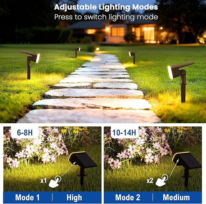 Solar Lights Outdoor Waterproof IP65,Auto On/Off, 2700K 2 Lighting Modes, Super Bright LED, Solar Powered Yard Garden Solar Spot Lights for Outside Landscape -6 Pack
