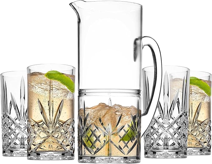 Godinger Pitcher and Highball Drinking Glasses Set, Acrylic Shatterproof Water Jug Pitcher with Tall Drinking Cups - Dublin Collection