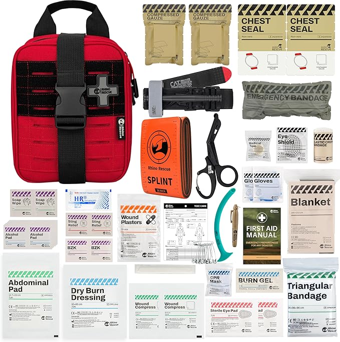 RHINO RESCUE IFAK Trauma Kit with C-A-T Tourniquet, Tactical First Aid Kit Molle Pouch for Military, Combat, Car, Camping, Hiking, Travel (Red)