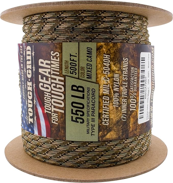TOUGH-GRID 550 Paracord, Type III Mil-Spec Nylon Rope - 500 Ft Mixed Camo Tactical Survival Cord