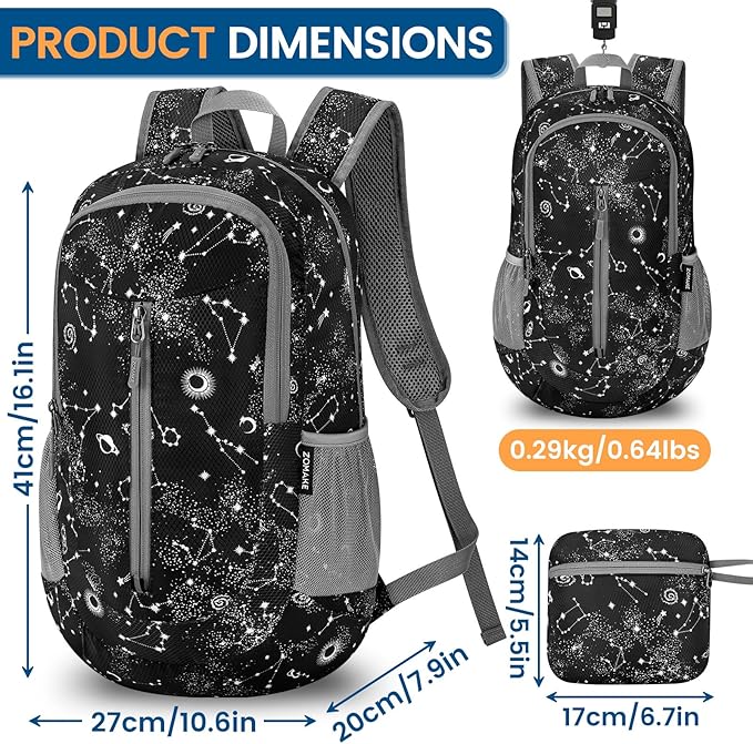 ZOMAKE Ultra Lightweight Packable Backpack 25L - Foldable Hiking Backpacks Water Resistant Small Folding Daypack for Travel(Starry sky print)