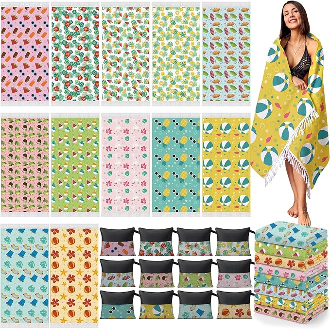 Peryiter 24 Pack Microfiber Oversize Turkish Beach Towel Set 12 Large Absorbent Beach Towels with 12 Storage Bag 28 x 55 Quick Dry Lightweight Bath Towel Blanket for Hawaii Camp Swim Pool(Summer)