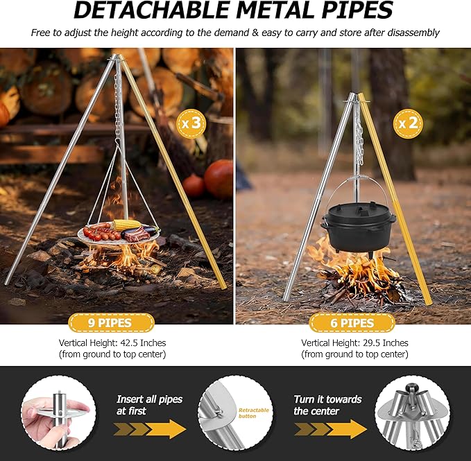 Stainless Steel Campfire Tripod for Cooking, HaSteeL Camping Tripod Grill with 17” Folding Grate, Heavy Duty Openfire Stand Hanger for Outdoors Beach Firepit BBQ, Detachable Handle, Adjustable Height