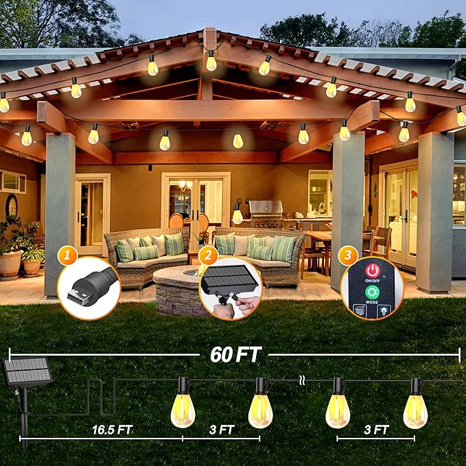 BLIATLUS 60FT Solar String Lights Outdoor Waterproof with Remote Control Solar Patio Lights 15+2 shatterproof LED Bulbs for Porch Garden Market Bistro Patio Backyard Fence