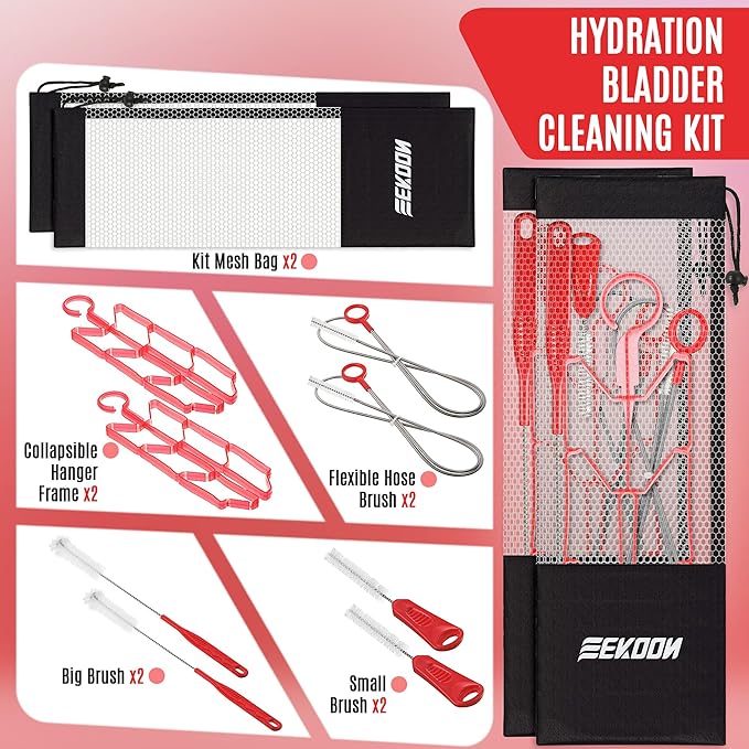 Feekoon Reservoir Hydration Bladder Cleaning Kit, Water Bladders Cleaner Set Includes Brushes, Drying Collapsible Frame and Carrying Bag, Water Reservoir Cleaning Tools for Hydration Backpack
