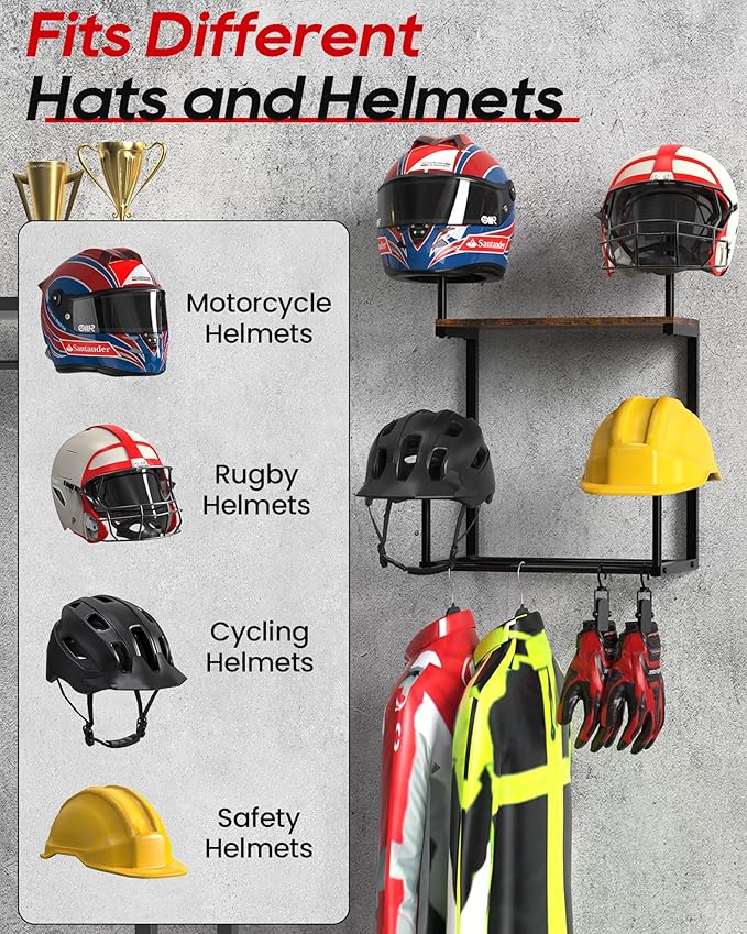 Motorcycle Helmet Holder Wall Mount, Helmet Rack with 4 Glove Clips, Motorcycle Gear Rack Storage, Motorcycle Accessories Organizer for Entryway or Garage