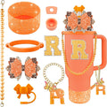 9PCS Orange for Stanley Cup Accessories Set Bling Initials Bow Charms for Stanley Decorations 30/40 Oz Tumbler Accessories Including Bow Straw Topper, Handle Strap, Spill Stopper（Letter R）