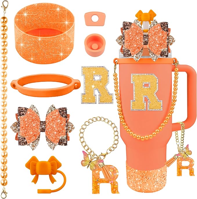 9PCS Orange for Stanley Cup Accessories Set Bling Initials Bow Charms for Stanley Decorations 30/40 Oz Tumbler Accessories Including Bow Straw Topper, Handle Strap, Spill Stopper（Letter R）