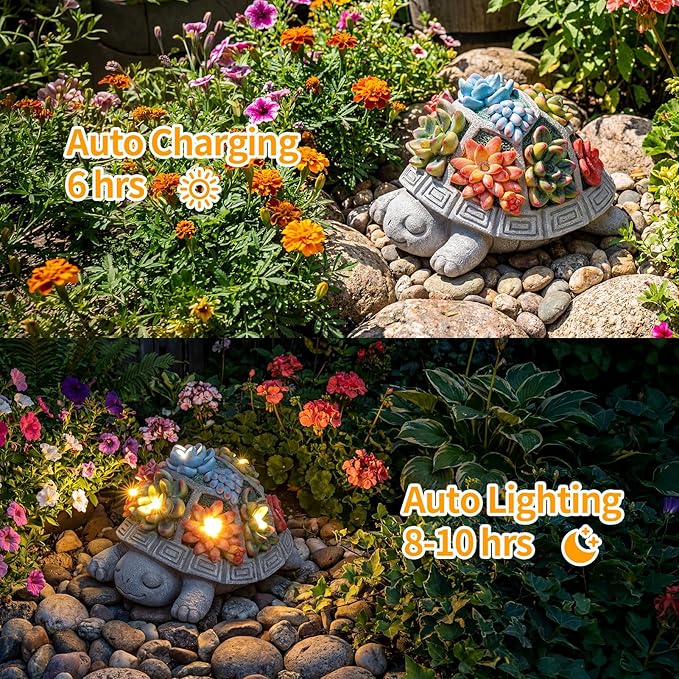 Solar Turtle Garden Outdoor Decor with Succulent & 7 LED Lights – Outside Tortoise Statue Decor for Yard Patio Balcony & Backyard - Home House Decoration Art- Gift for Women Mom & Grandma