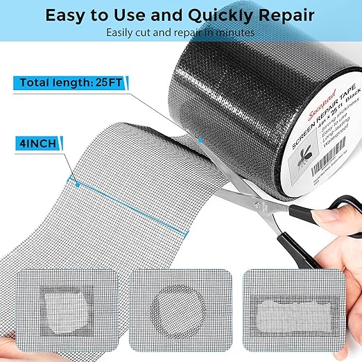 Secopad Black Window Screen Repair Tape, 4IN X 25FT (300IN) Screen Repair Kit for Windows or Doors, Strong Adhesive Patch Kit Fiberglass Mesh Tape