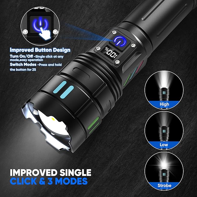 Rechargeable Flashlights High Lumens 100000 Long Distance, Single Click 3 Modes, Super Bright LED Flashlight USB C Long Lasting 15H, Powerful Strong Flash Light for Security Hiking Camping