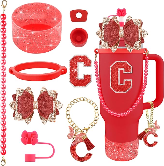 9PCS Red for Stanley Cup Accessories Set Bling Initials Bow Charms for Stanley Decorations 30/40 Oz Tumbler Accessories Including Bow Straw Topper, Handle Strap, Spill Stopper（Letter C）