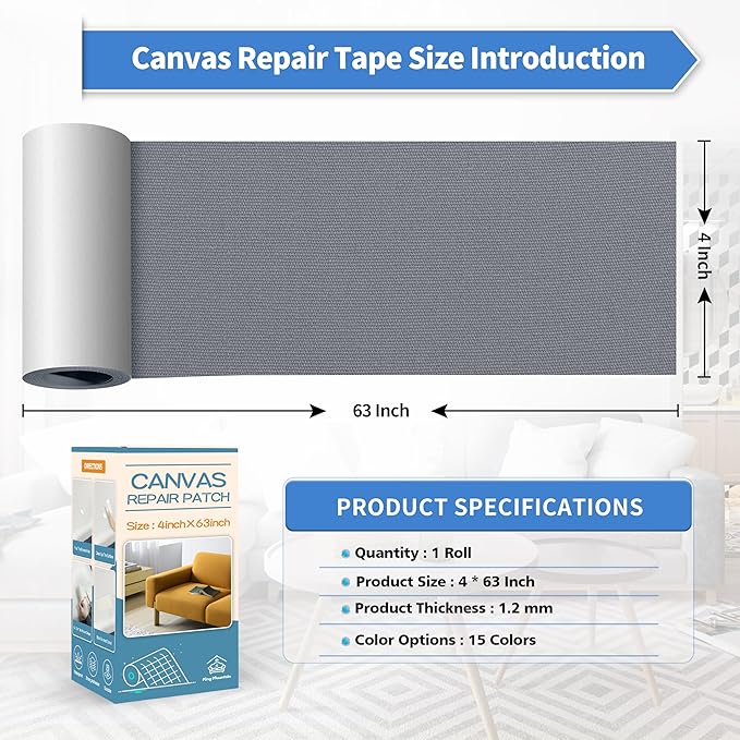 KING MOUNTAIN Canvas Repair Tape,Outdoor Gear Patch, 4×63 Inches,Waterproof,Self-Adhesive for Repairing Boat Covers,Sun Shades,Sofas,Tents,Lounge Chairs,Awnings (Grey-1)