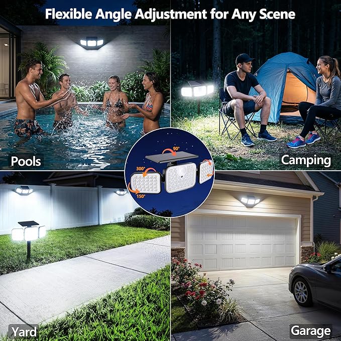 BrizLabs Solar Outdoor Lights, 3 Modes Motion Sensor LED Security Lights with Remote, 3 Head 360° Wide Angle Flood Wall Light, Dual Mount IP65 Waterproof Outdoor Lighting for Garage Patio Yard, 2 Pack