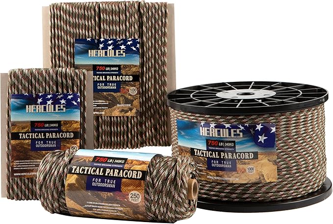 HERCULES 750lb Paracord 4mm 11 Strands Tactical Parachute Cord, 50' 100' 250' 1000' Utility Rope for Camping, Survival, Outdoor Gear (Forest Camo, 100FT)