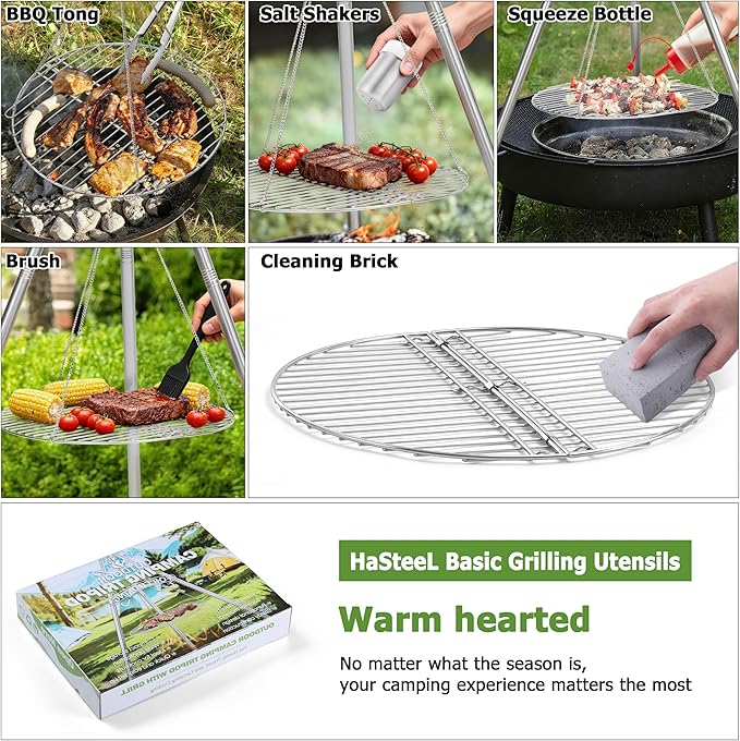 HaSteeL Campfire Tripod for Cooking, Stainless Steel Camping Tripod Grill for Outdoors Beach Backyard Firepit BBQ, Openfirer Stand Hanger with 17” Folding Rack & 6 Barbecue Tools, Adjustable Height