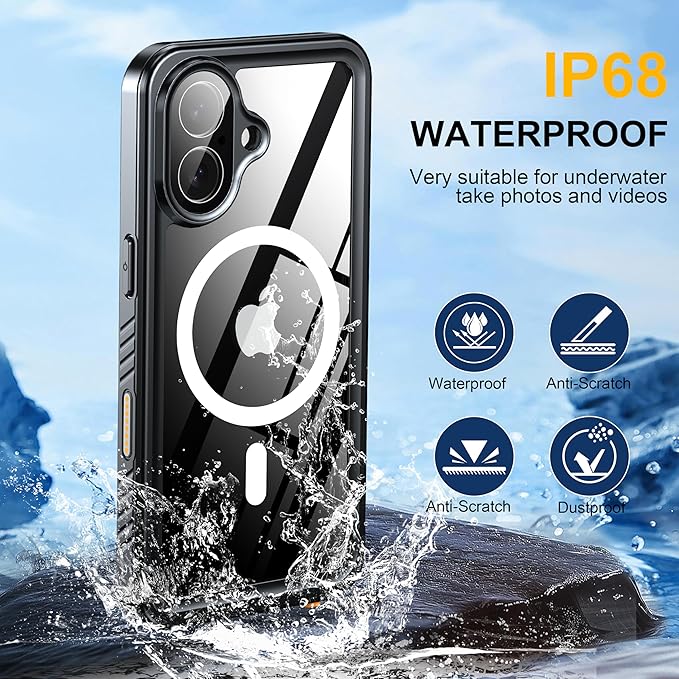 ANTSHARE for iPhone 17 Case, Compatible with Magsafe, IP68 Waterproof Case, [Built-in Screen Protector] - 12 FT Military Dropproof - Full Body Heavy Duty Rugged Phone Cover - Black/Clear