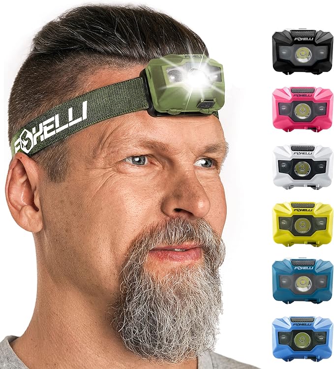 Foxelli USB‑C Rechargeable LED Headlamp – Ultra‑Light 2.4 oz & Bright 180 Lumens – Red/White Light, 5 Modes, IPX5 Waterproof, 40 h Runtime for Trail Running, Camping, Hiking