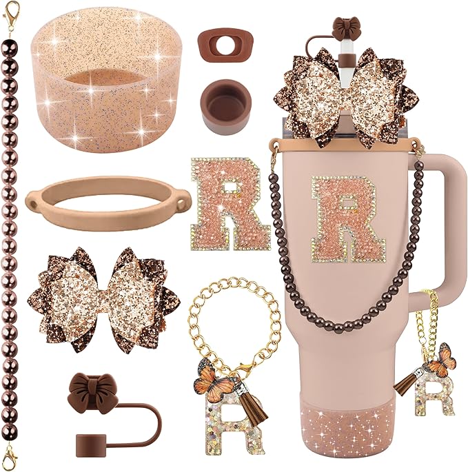 9PCS Brown for Stanley Cup Accessories Set Bling Initials Bow Charms for Stanley Decorations 30/40 Oz Tumbler Accessories Including Bow Straw Topper, Handle Strap, Spill Stopper（Letter R）